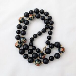 Vintage Japan Handpainted Florals Cloissone Chunky Beaded Necklace 29" LT145